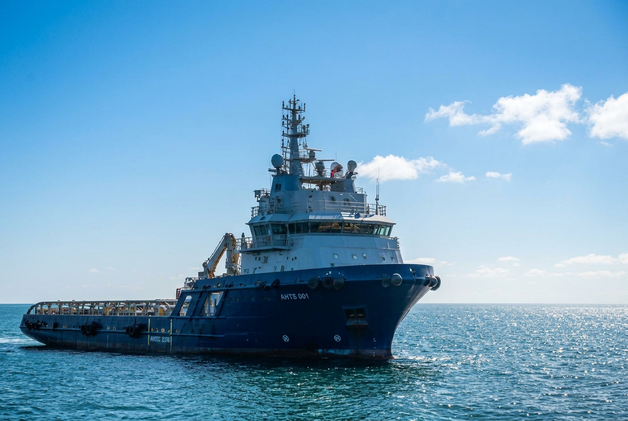 Anchor Handling Tug Supply vessel at sea in daylight
