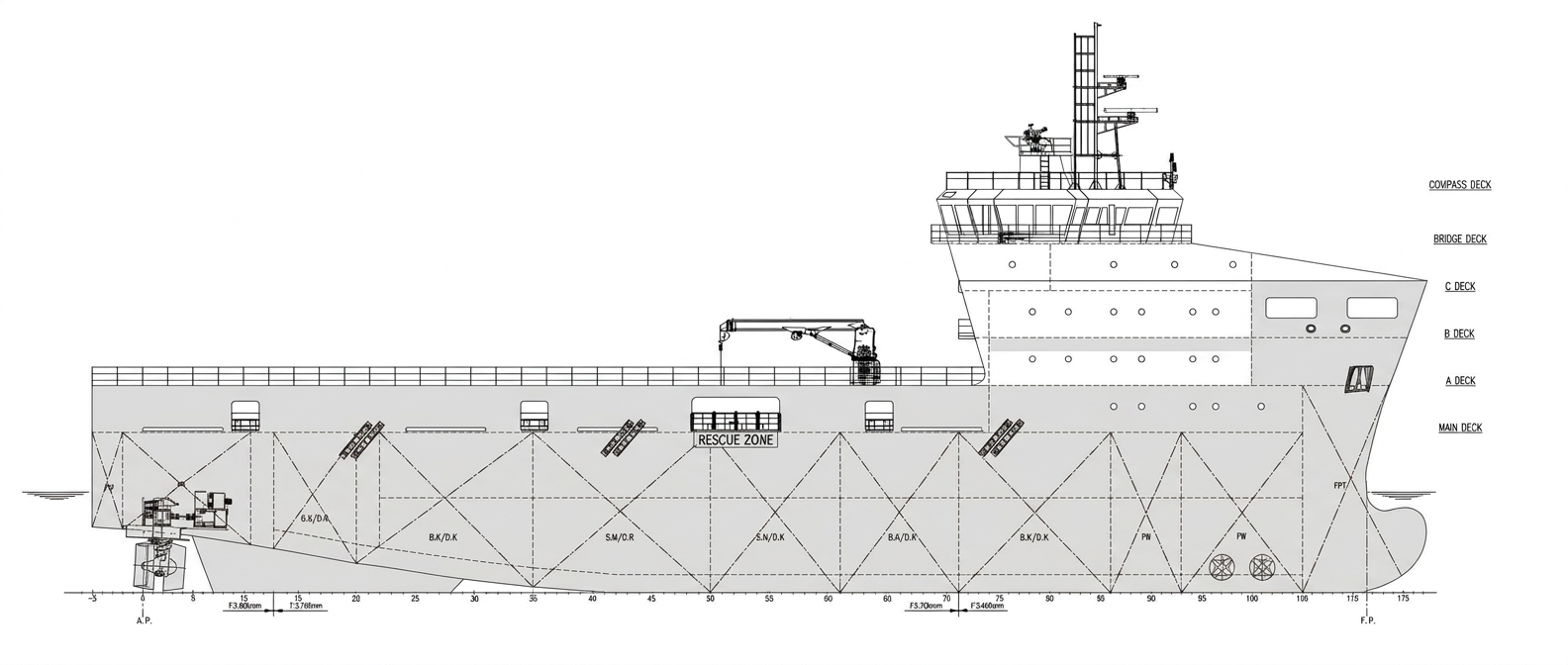 Technical outboard profile drawing of the Spinelle Series multi-purpose platform supply vessel
